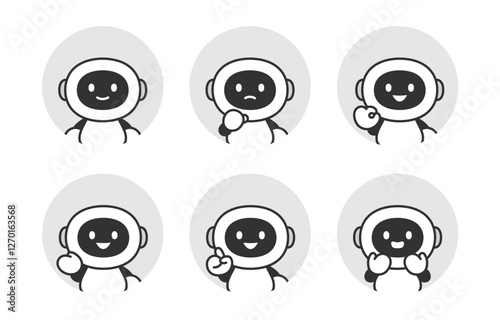 いろいろな表情･ポーズをするAIロボットの顔アイコンセット【ベクターイラスト素材】
