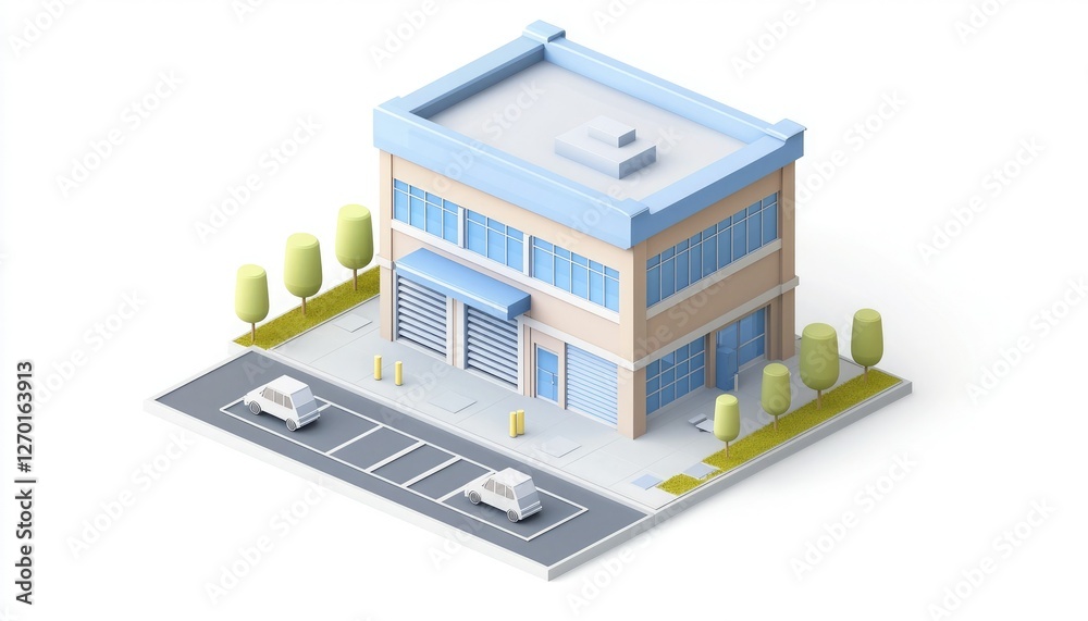 A modern, stylized building with a blue roof, featuring large windows, surrounded by trees and parking spaces.