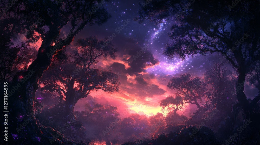 Enchanted Sunset Forest: A Digital Painting of Magical Twilight Enchanted Sunset Forest: A Digital Painting of Magical Twilight