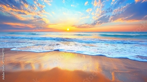 Vibrant sunset over tranquil ocean waves lapping at a sandy beach with colorful clouds