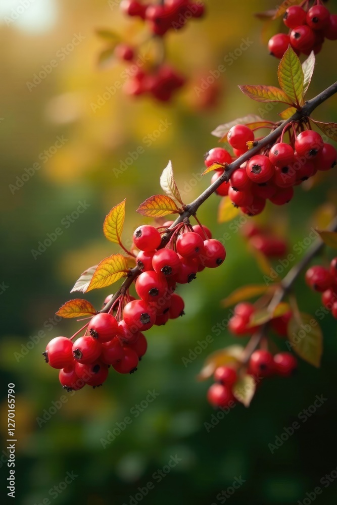 Obraz premium A tree with Viburnum berries hanging from branches in autumn colors, branch, plantlife