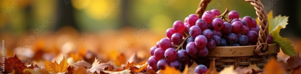 A wooden basket overflowing with clusters of purple grapes on a bed of fallen autumn leaves and oak branches, autumn, leafy, foliage A wooden basket overflowing with clusters of purple grapes on a bed of fallen autumn leaves and oak branches, autumn, leafy, foliage