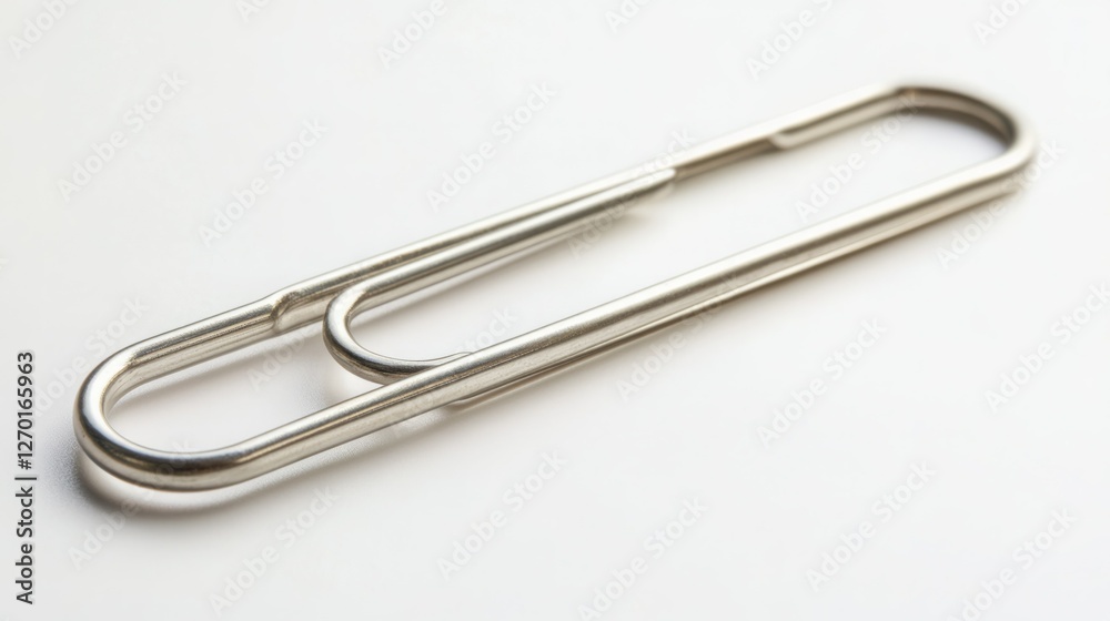 Close-up of a large, metallic paperclip against a white background. The sleek, silver tone and simple design create a modern aesthetic. Close-up of a large, metallic paperclip against a white background. The sleek, silver tone and simple design create a modern aesthetic.