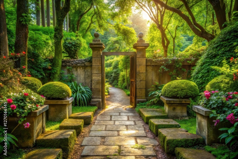Serene Garden Path Opens to a Sunlit Secret Garden Beyond an Ornate Stone Gateway Serene Garden Path Opens to a Sunlit Secret Garden Beyond an Ornate Stone Gateway