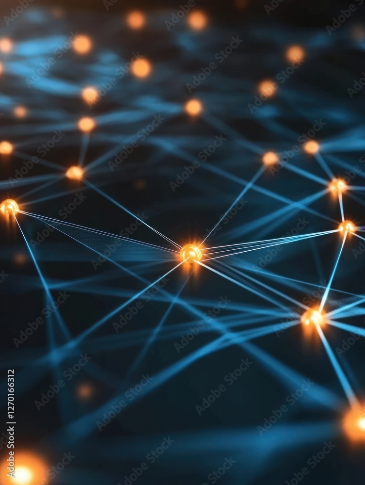 Fototapeta premium High Tech Minimalist Digital Backdrop Featuring Blue Lines and Orange Glowing Dots Network Connection