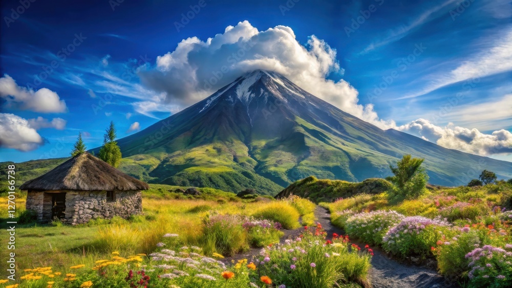 Fototapeta premium Serene Stone Hut Beside Vibrant Wildflower Path and Majestic Mountain Peak Under a Cloudy Sky