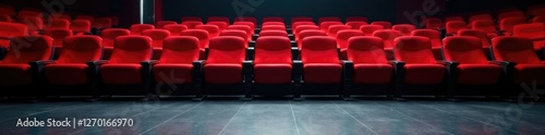 Empty red theater seats on a gray stage floor, theater, floor