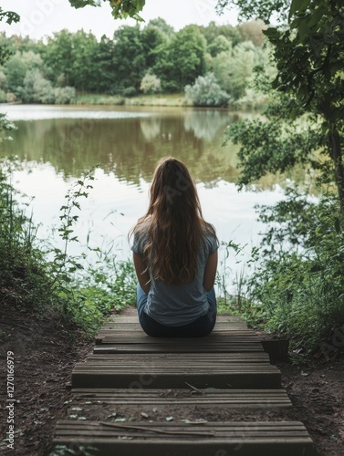Rear view of young woman sitting on wooden steps by lake  - ai