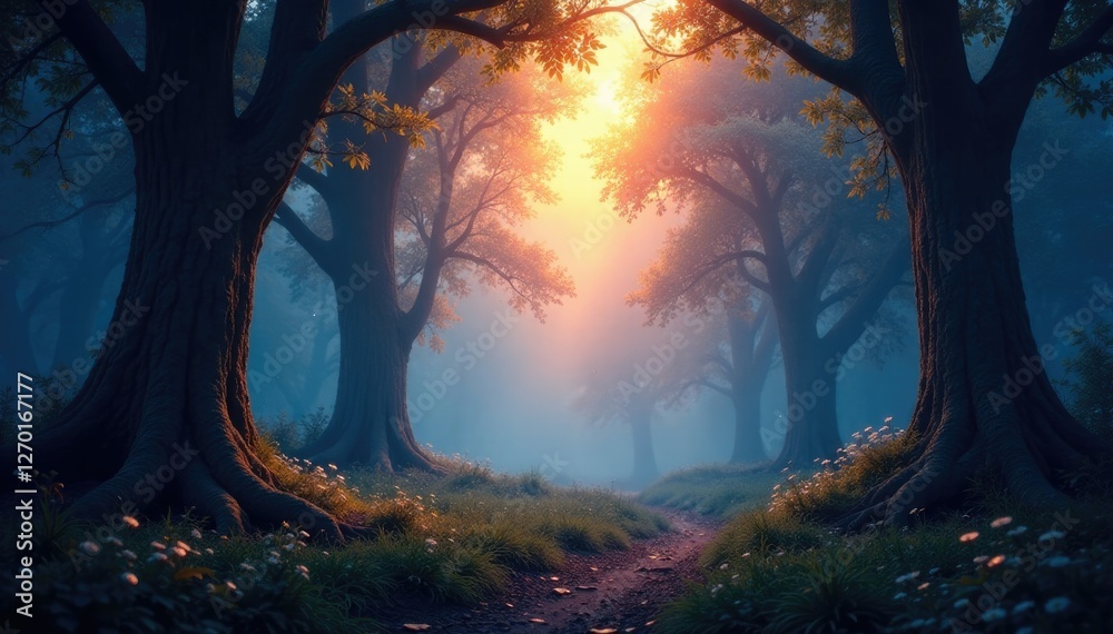 Obraz premium Ethereal light casts an otherworldly glow on a mystical forest, ethereal, peaceful