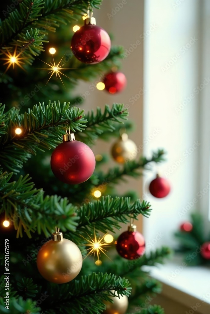 Fototapeta premium Evergreen branches twirl amidst sparkling ornaments, sparkles, Christmas decorations