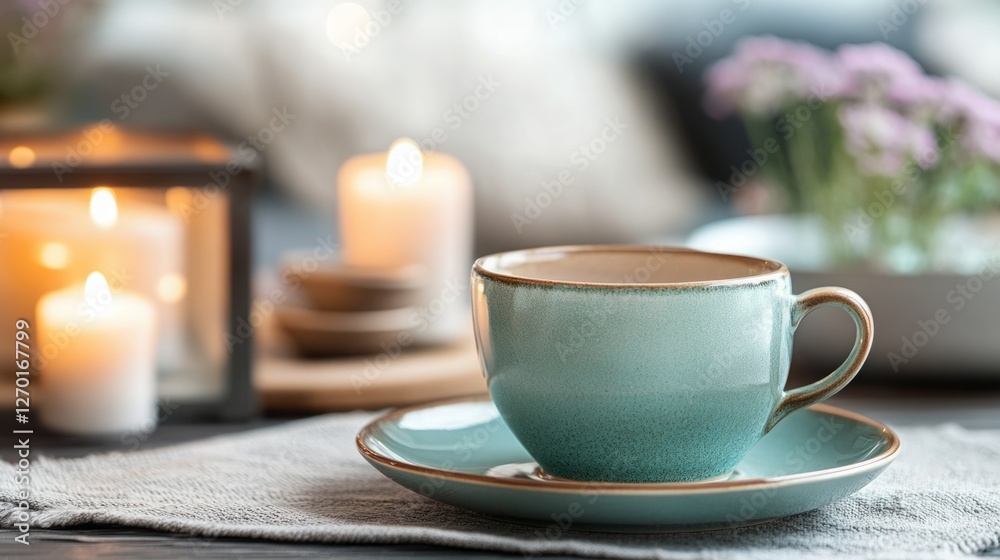 A serene moment captured: A teal teacup rests on a saucer, illuminated by the soft glow of nearby candles. Tranquility and warmth fill the scene. A serene moment captured: A teal teacup rests on a saucer, illuminated by the soft glow of nearby candles. Tranquility and warmth fill the scene.