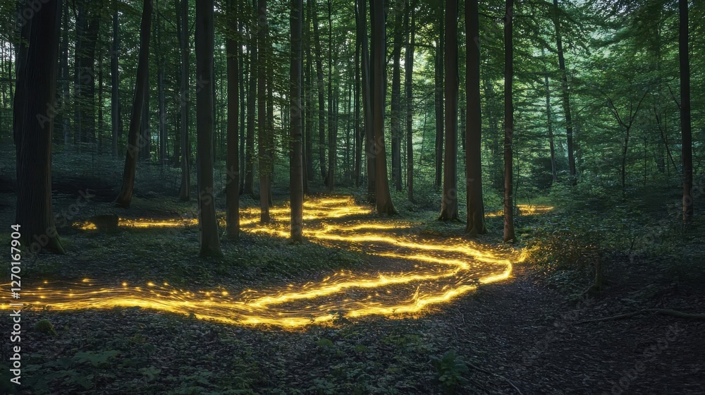 Obraz premium Golden Path Illuminates A Dark Forest Trail