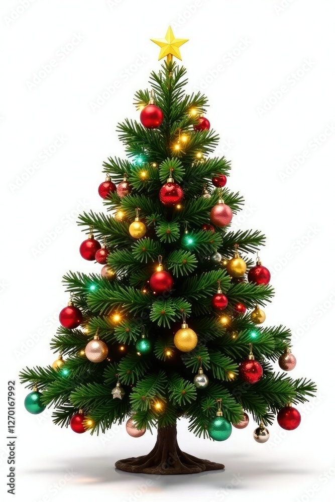 Evergreen tree adorned with sparkling ornaments and lights isolated on white background, tree, holiday