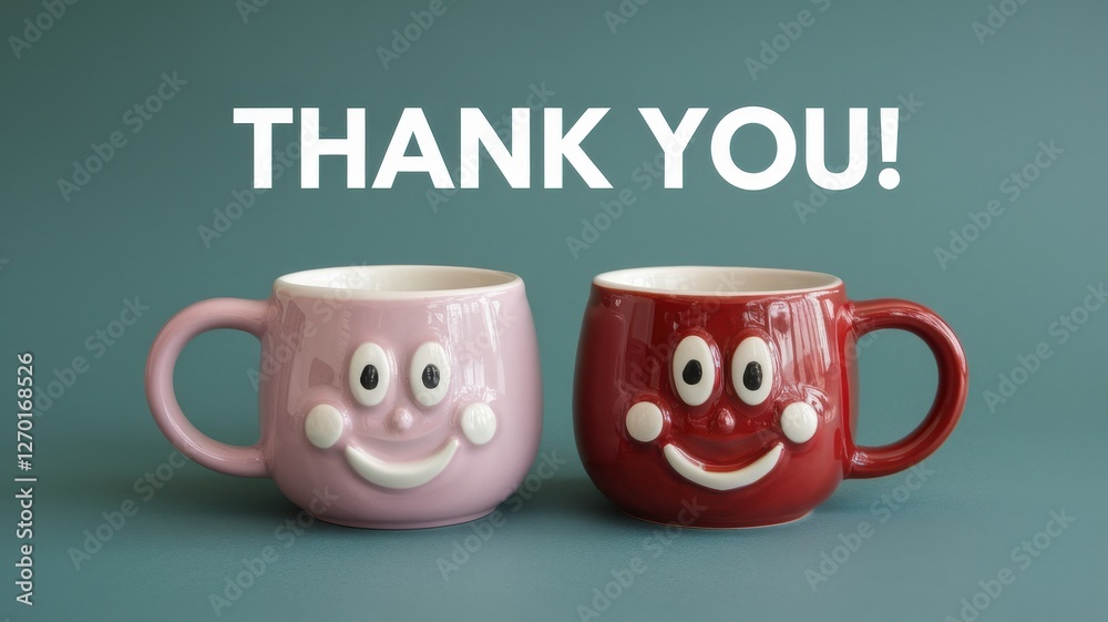 Two smiling mugs showing gratitude are displayed side by side