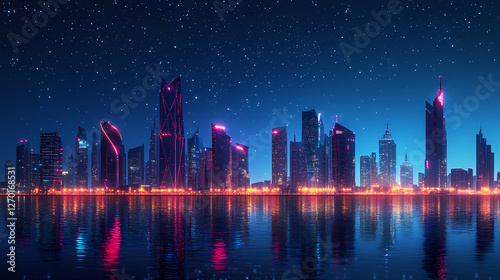 A night view of iconic skyline, with bahrain bay reflecting the bright city lights under a clear, starlit sky. Starlit Glass Cities. Illustration
