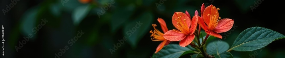 Honeysuckle flowers in a dark garden with black background, flowering plant, honeysuckle lat Honeysuckle flowers in a dark garden with black background, flowering plant, honeysuckle lat