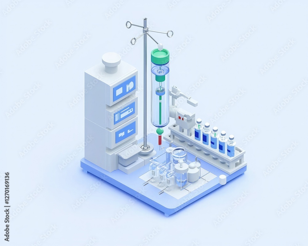 A modern medical setup featuring an IV drip, vials, and laboratory equipment on a clean, light blue background. A modern medical setup featuring an IV drip, vials, and laboratory equipment on a clean, light blue background.