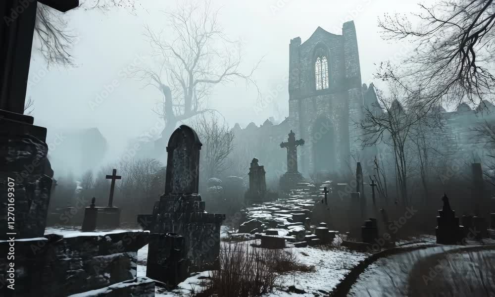 Eerie Graveyard with Fog and Ruins in Spooky Atmospheric Setting with ai generated.