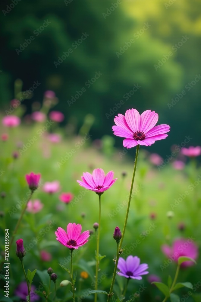 Pink and purple flowers swaying gently in the breeze against a backdrop of lush greenery, gentle, nature, colorful Pink and purple flowers swaying gently in the breeze against a backdrop of lush greenery, gentle, nature, colorful