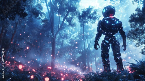 A futuristic robot explores a glowing alien forest photo