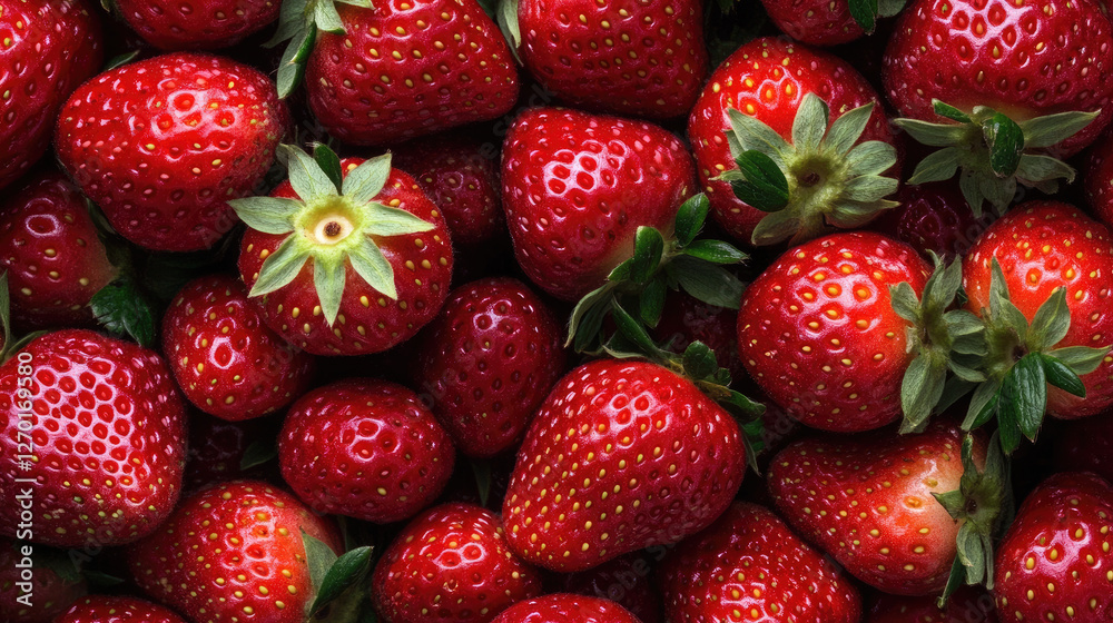 A full-frame close-up of a dense pile of fresh, ripe strawberries, their bright red color A full-frame close-up of a dense pile of fresh, ripe strawberries, their bright red color