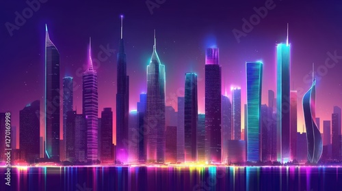 Neon Lit Futuristic Cityscape with Towering Buildings and Water Reflection in Vivid Twilight and Dark Blue Sky