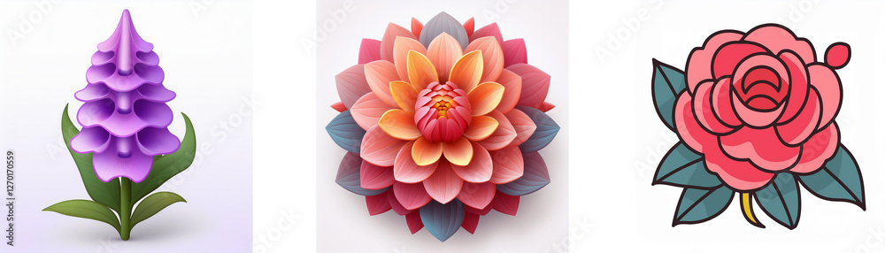 Three flower illustrations feature a purple spire, a layered colorful bloom, and a pink rose with green leaves. Three flower illustrations feature a purple spire, a layered colorful bloom, and a pink rose with green leaves.