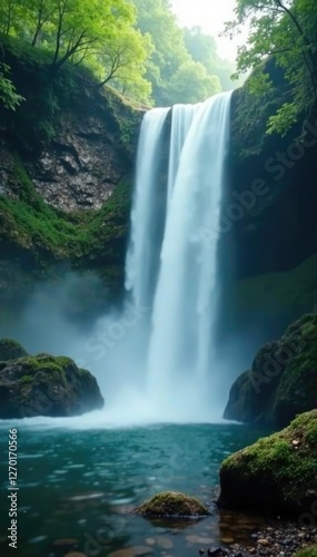 serene and peaceful waterfall in misty atmosphere, waterfall, bokeh, misty atmosphere