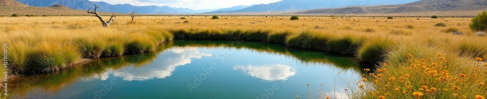 Serene wetlands scene of a small pond in sagebrush, wildflowers, sagebrush Serene wetlands scene of a small pond in sagebrush, wildflowers, sagebrush