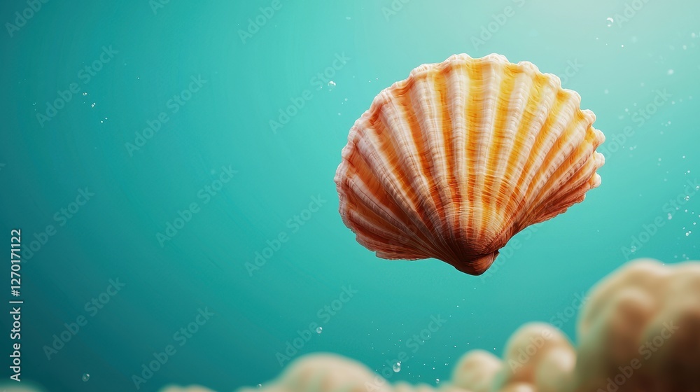 ocean conservation marine regeneration concept. A colorful scallop shell floats gracefully in clear blue water, surrounded by soft coral formations, creating a serene underwater scene. ocean conservation marine regeneration concept. A colorful scallop shell floats gracefully in clear blue water, surrounded by soft coral formations, creating a serene underwater scene.