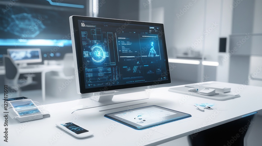 Futuristic Office Workspace: Modern Technology and Clean Design Futuristic Office Workspace: Modern Technology and Clean Design
