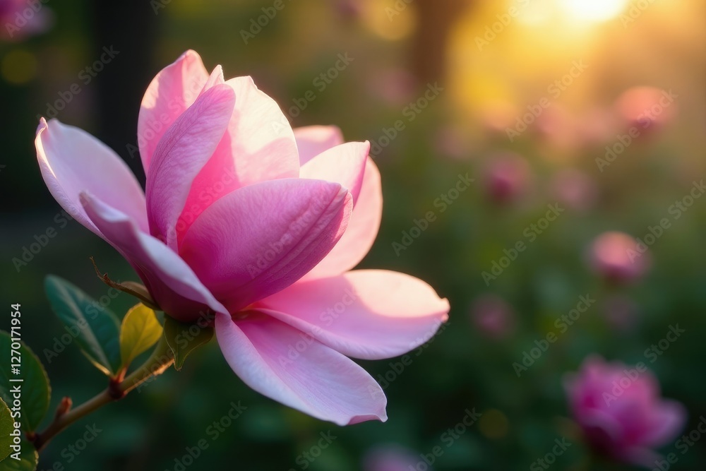 Softly glowing rose violet magnolia blooms in sunlight, garden, petal Softly glowing rose violet magnolia blooms in sunlight, garden, petal