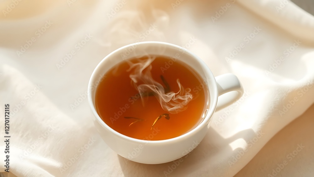 Steaming Serenity: Aerial View of Hot Tea in a Cup Steaming Serenity: Aerial View of Hot Tea in a Cup