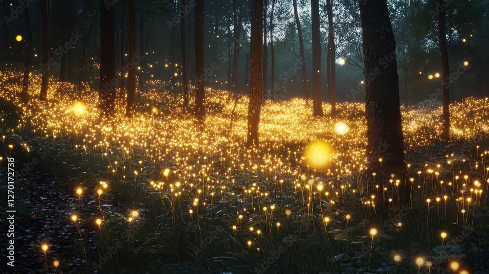 Obraz premium Enchanting Forest Illuminated By Glowing Plants At Night