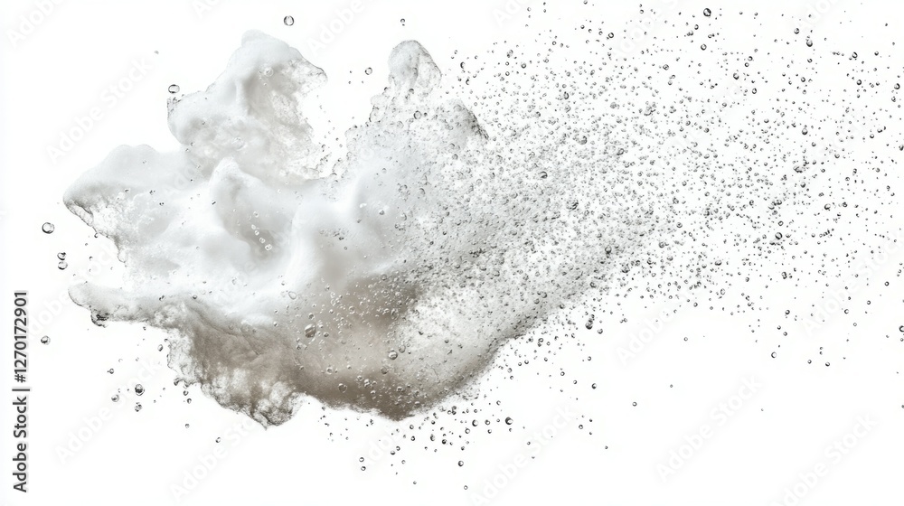 Obraz premium Abstract image of a burst of white foam and bubbles against a stark white background. The texture is light and airy, with a sense of movement and energy.