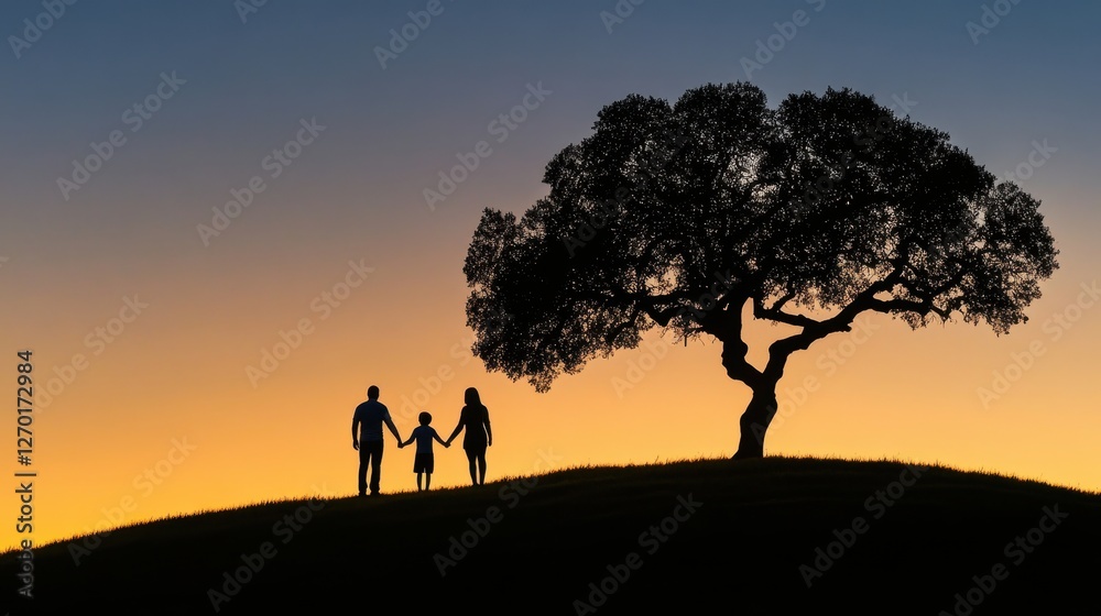 Silhouette of Family Holding Hands Under a Tree Against a Colorful Sunset Sky Silhouette of Family Holding Hands Under a Tree Against a Colorful Sunset Sky
