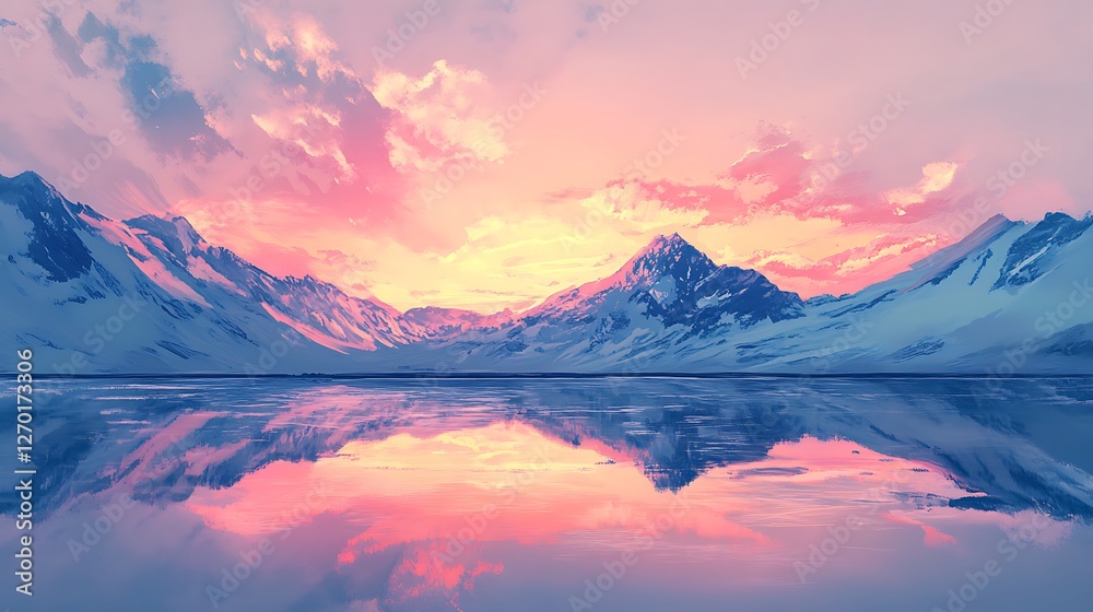 Serene Sunset over Snowy Mountains and Calm Lake Serene Sunset over Snowy Mountains and Calm Lake