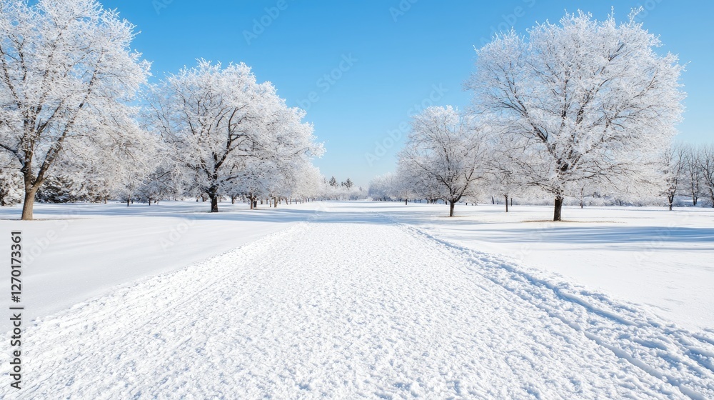 Fototapeta premium Snow-covered path winds through frost-covered trees in a quiet park under a clear blue sky on a bright winter day.