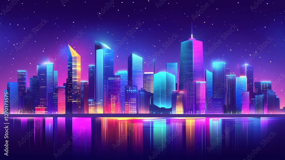 Neon Cityscape Reflecting in Still Water at Night Neon Cityscape Reflecting in Still Water at Night