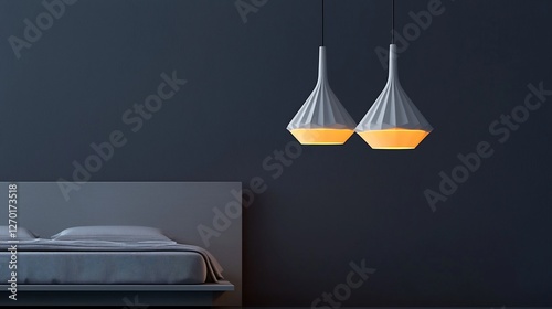 Modern bedroom interior with two pendant lights.