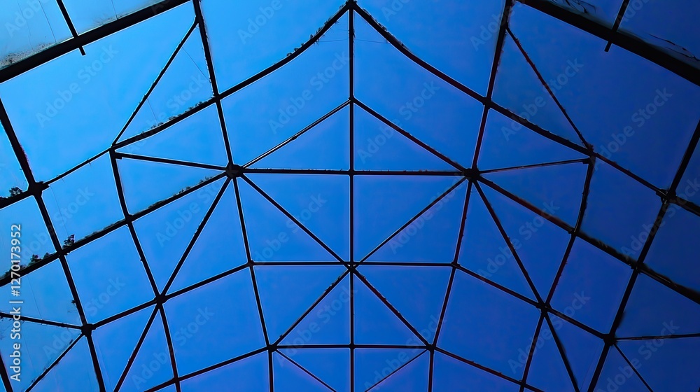 Intricate geometric patterns of a metal framework against a vibrant blue sky Intricate geometric patterns of a metal framework against a vibrant blue sky