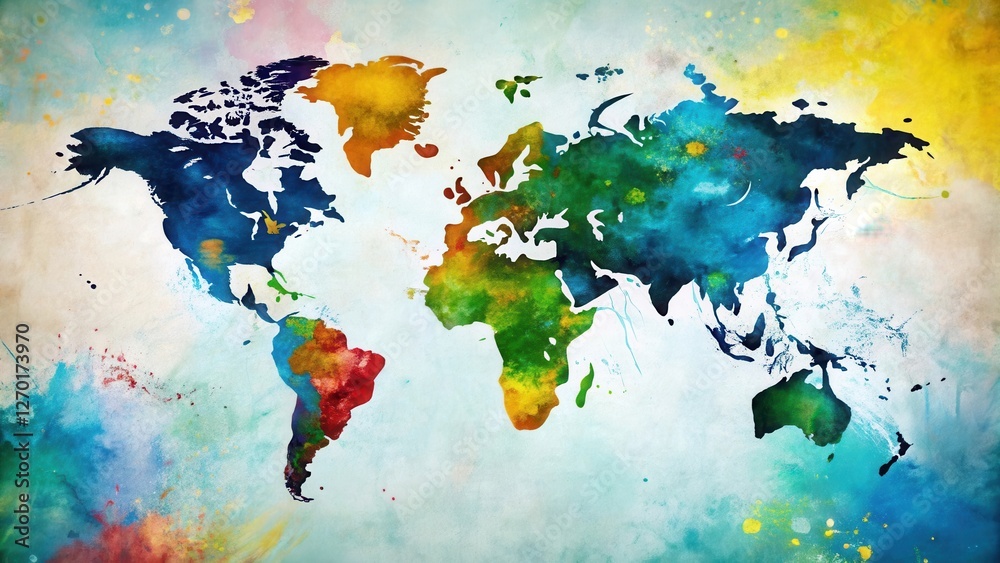 Fototapeta A Vivid Watercolor World Map Depicting Global Unity and Interconnectedness through Artistic Expression