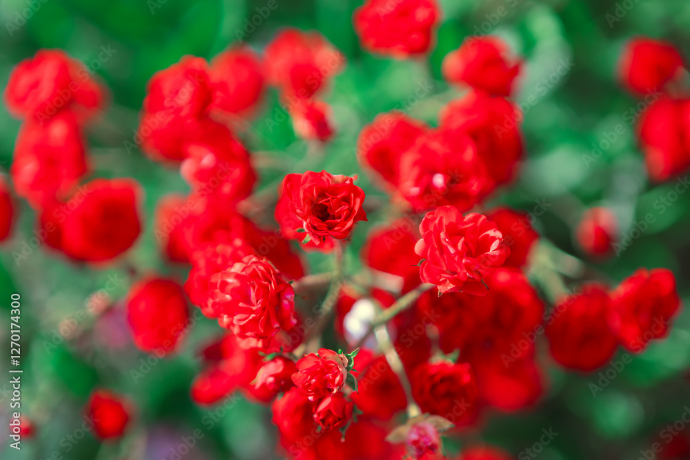 Cluster of vibrant red roses in full bloom, with a soft focus background of green foliage. Vivid color and delicate petals of roses make the image visually striking and highlight the beauty of nature