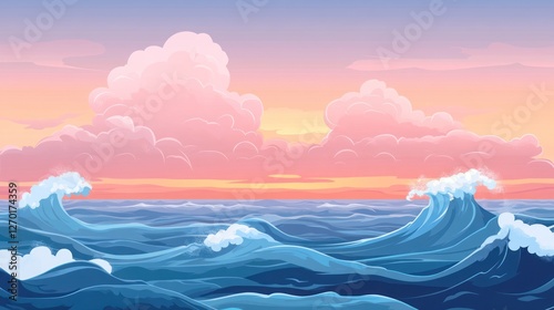 Serene Ocean View with Pink Clouds at Sunset, A Peaceful Vector Illustration