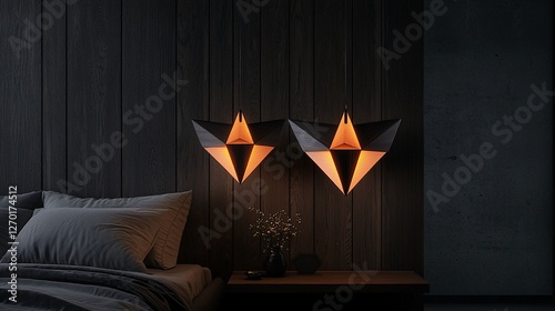 Two modern geometric wall lamps illuminate a dark bedroom.