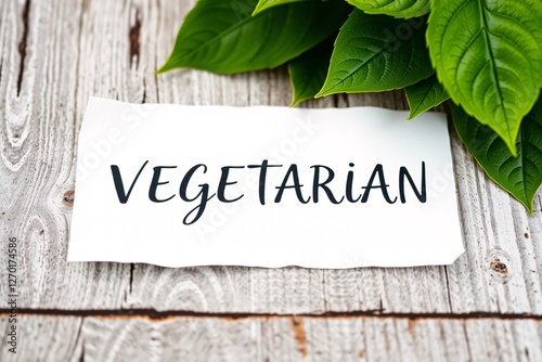 White paper with the word Vegetarian placed on a wooden table, complemented by fresh green leaves, symbolizing a healthy lifestyle