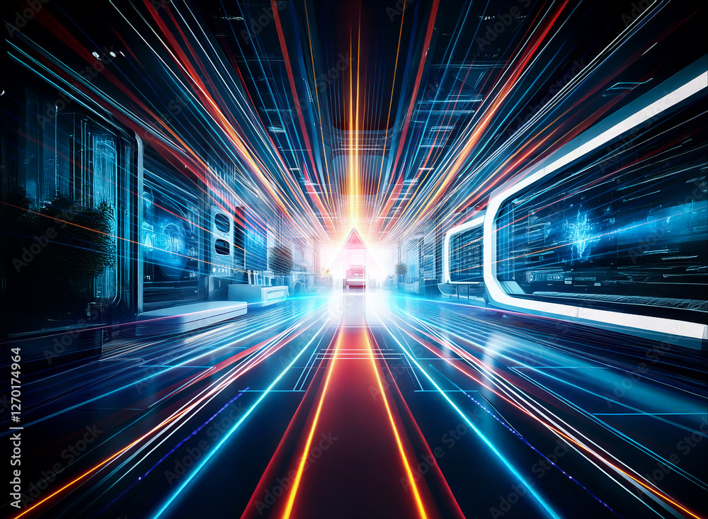 Fototapeta premium A vibrant futuristic corridor stretches into the distance, illuminated by dynamic blue and orange light trails, creating a digital and technological atmosphere.