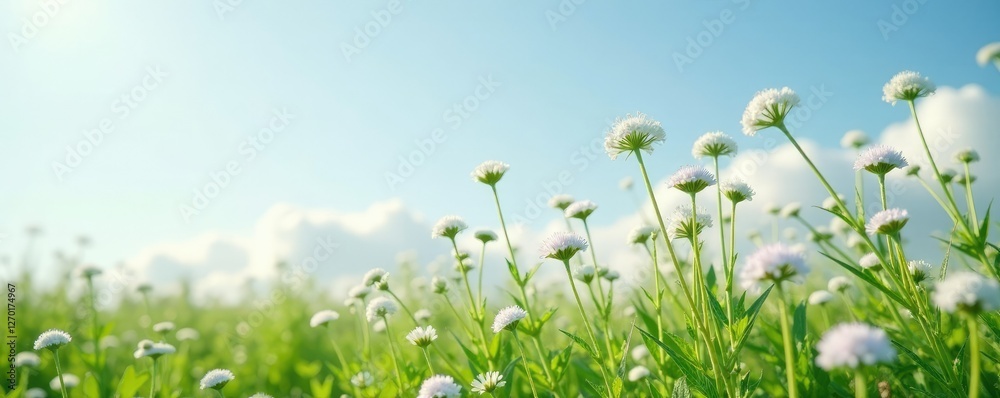Fototapeta premium Clusters of small buckwheat flowers against light blue and gray sky with few clouds, green, gray