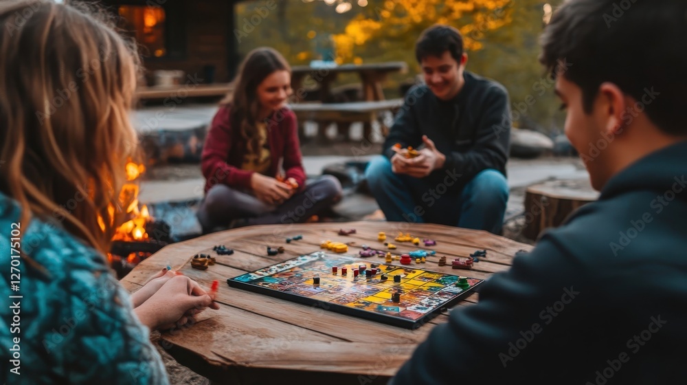 Fototapeta premium Friends playing a board game by a campfire