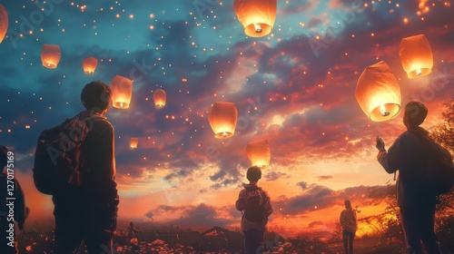 Silhouetted figures watch sky lanterns ascend at sunset photo